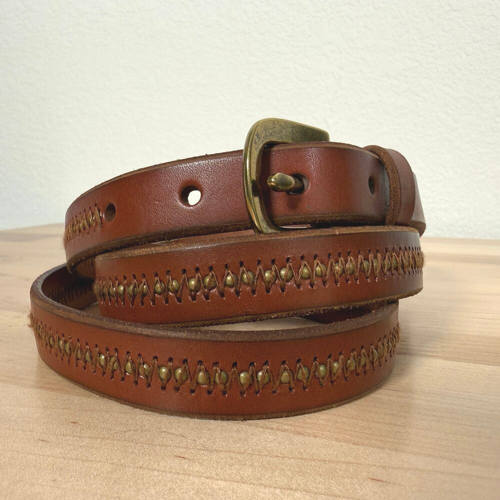 Ralph Lauren XL Brown Leather Whipstitch Belt Brass Buckle 47” Preppy Equestrian